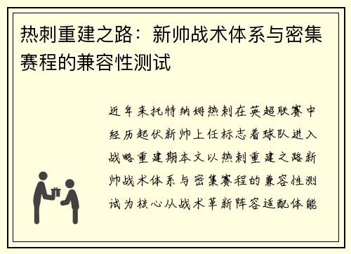 热刺重建之路：新帅战术体系与密集赛程的兼容性测试