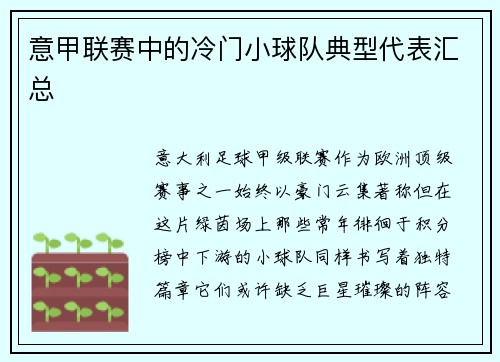 意甲联赛中的冷门小球队典型代表汇总