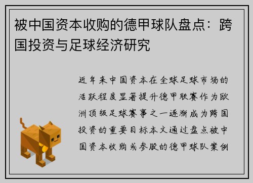 被中国资本收购的德甲球队盘点：跨国投资与足球经济研究